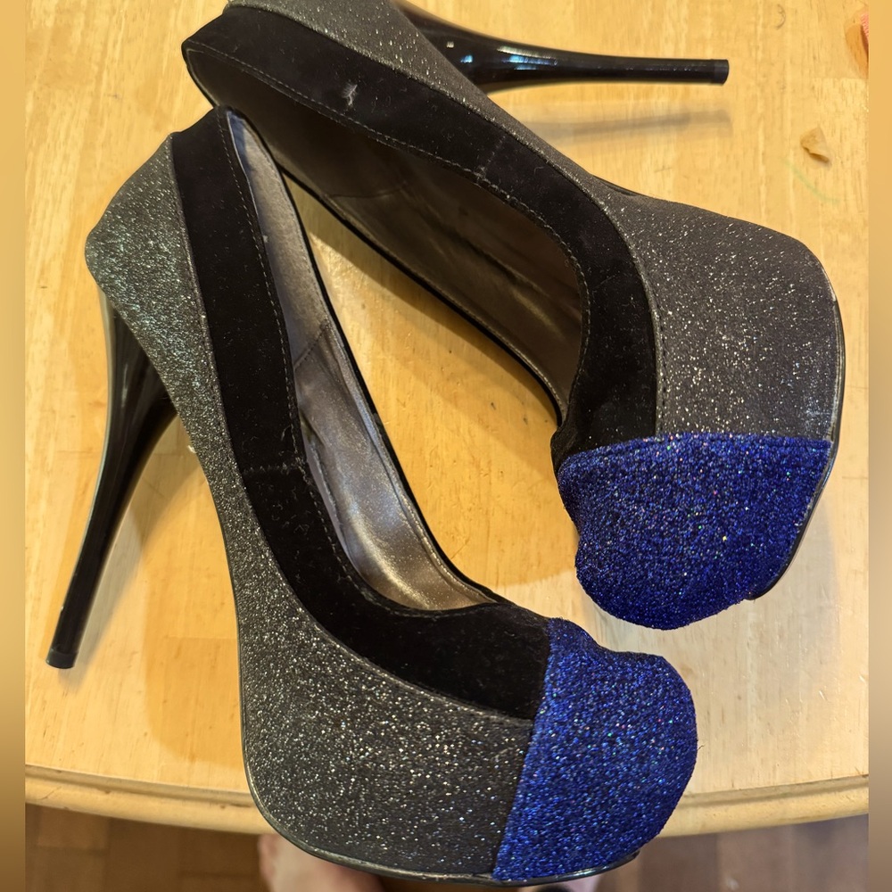 Black glitter heels with blue accent